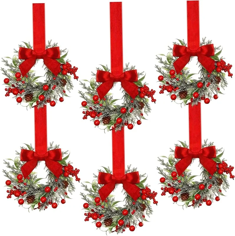Marke: Gcroet Mini-Weihnachtskränze, 6er-Pack, Vintage-Kranz mit roten Beeren und Schleife für Schrank, Küche, Fenster, Haustür, Dekoration, Stil 1. — Weihnachtsdeko