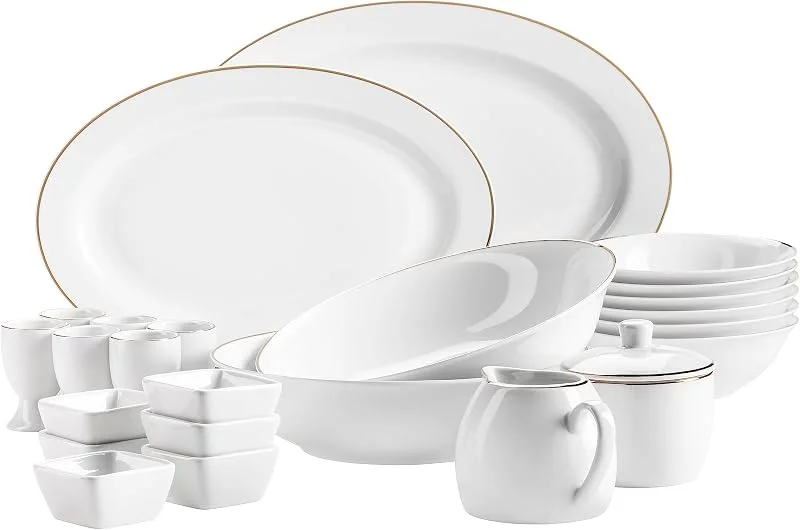 Besuche den MÄSER-Store MÄSER 931735 Serie Professional Dining Zubehör Set aus Müslischalen, Eierbechern, Schüsseln, Zuckerdose, Milchkännchen, Dipschälchen und Servierplatten, 24-teilig, Weiß mit Goldrand, Porzellan — Advent und Tisch