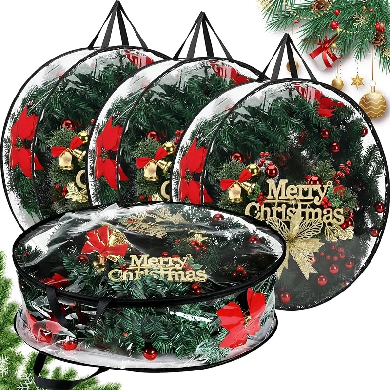 Marke: Shappy Weihnachtskranz Aufbewahrung Behälter Kranz Aufbewahrungstasche 24 Zoll Weihnachten Kunststoff mit Doppelten Reißverschlüssen und Verstärkten Griffen (Schwarz, 4 Stück) — Weihnachtsdeko