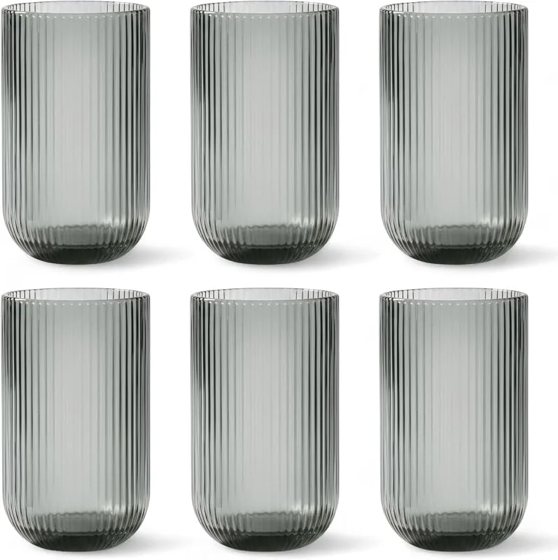 Besuche den GMMH-Store GMMH 6er-Set Geriffelte Trinkgläser und Weingläser, Line, Linie Geriffelt, Ribbed, Glas, Longdrinkgläser, Cocktail Gläser mit Prägung, Trinkglas, Weinglas, Wasserglas (Grau Trinkglas) — Advent und Tisch