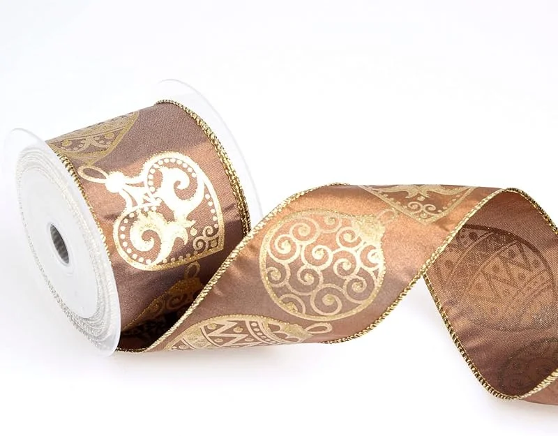 Marke: Deko AS GmbH Taftband Weihnachten Dekoband Schleifenband Baumschmuckl basteln mit goldenen Weihnachtshängern, Kugeln Braun - 65mm - Rolle 10m - 93106-65 (Braun-Gold) — Geschenkverpackung