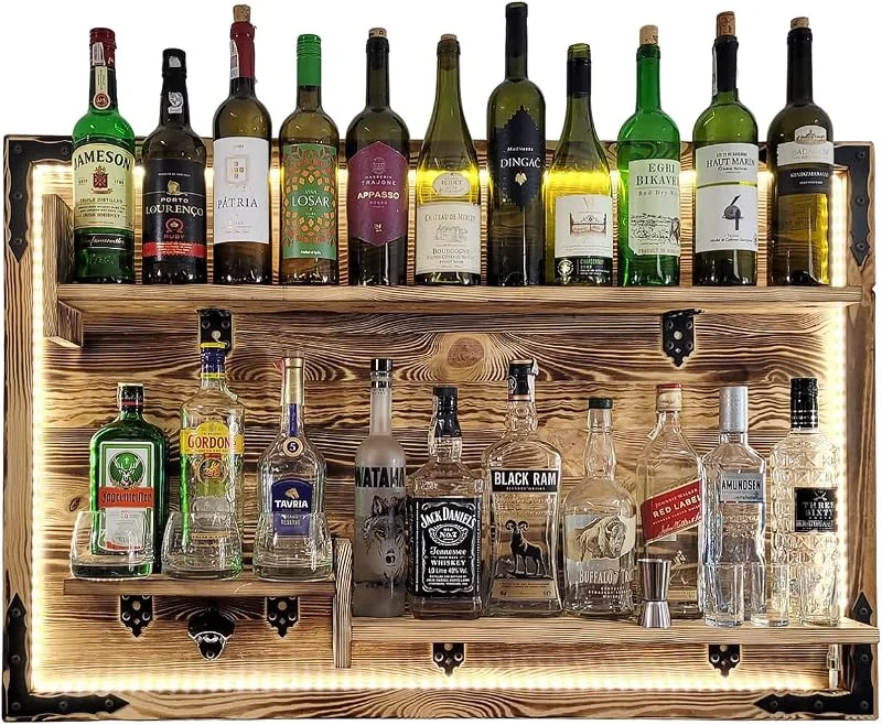 Besuche den weeco-Store weeco Hängendes Regal an der Wand LED Beleuchtung, rustikale Wandbar, Wandregal für Whisky, Rustikaler Alkohol, Gin, Alkoholständer, Weinstand, Wandbarregal, Weinstand — Kerzenlicht Abendessen