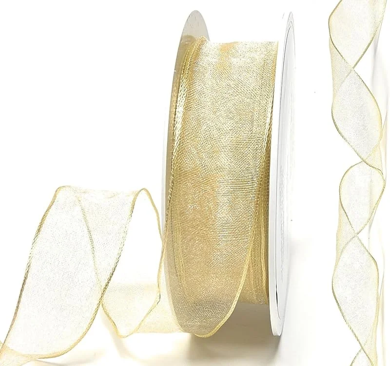 Marke: s.dekoda Schleifenband Organza 25m x 25mm Honig Gold Organzaband mit formbaren Drahtkanten Geschenkband [D3142-126] — Geschenkverpackung