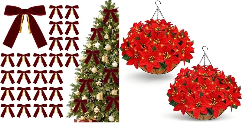 Besuche den Der Rose-Store Der Rose Bundle aus 2er Set Weihnachtsstern künstlich, Hängekörbe mit Beleuchtung und 24 Rote Schleifen Weihnachtsbaum aus Bordeaux-Samt, 12, 7 x 17, 8 cm — Weihnachtsdeko