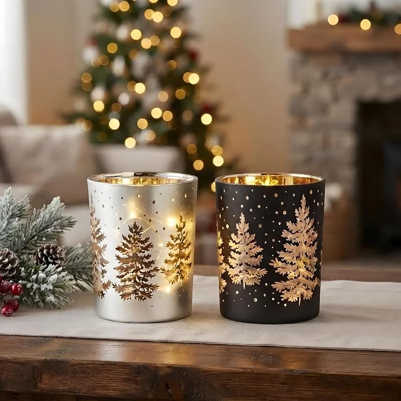 Besuche den levandeo-Store 2er Set Windlicht Tannenbaum Teelichthalter Glas Schwarz Silber Gold Deko — Kerzenlicht Abendessen