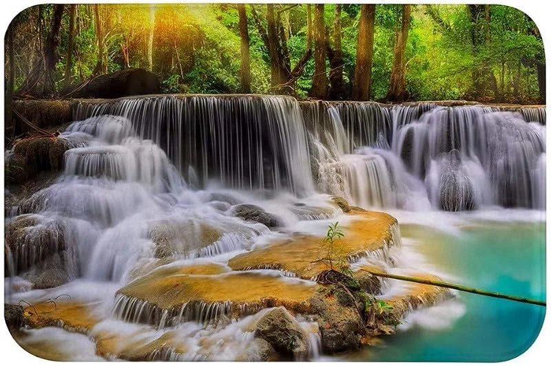 Marke: A.Monamour A.Monamour Badematten Badteppiche Badvorleger Thailand Kanchanaburi Wasserfall Blau See Wasser Natur Wald Bäume Saugfähigen Flanell rutschfeste Unterlage rutschfeste Boden Teppich 40x120cm — Geschenkverpackung