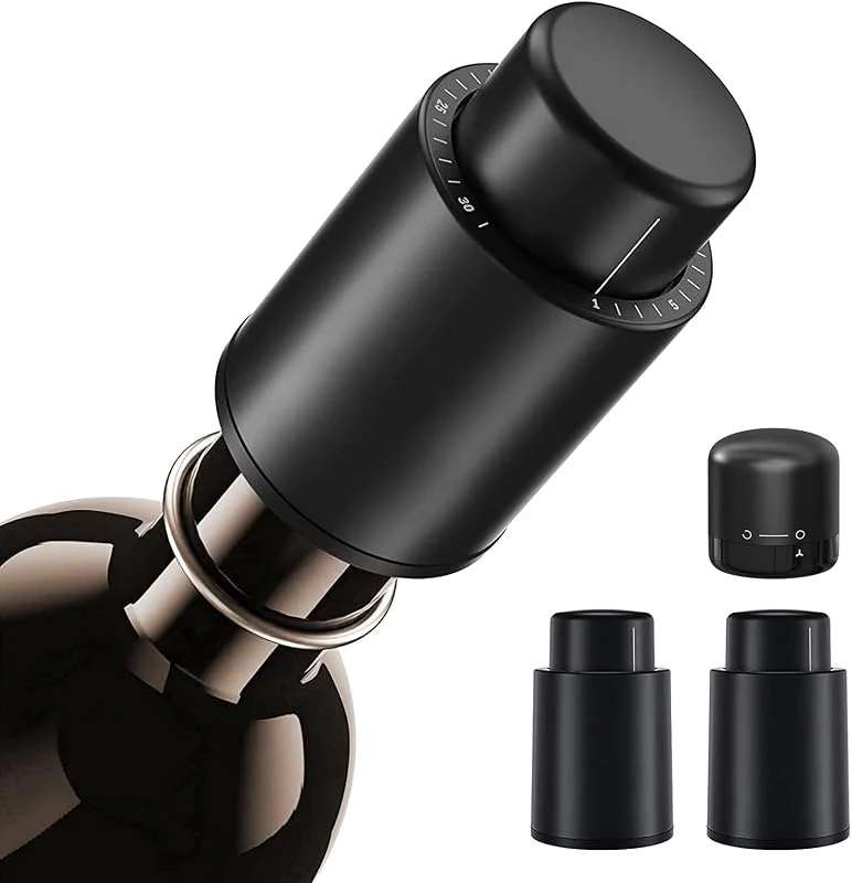 Besuche den BEEK-Store Pack Weinflaschenverschluss, 2 Vakuum Weinverschluss mit Datum und 1 Mini Wine Stopper, Drehbarer Wiederverwendbarer für Wein — Wein und Festtafel