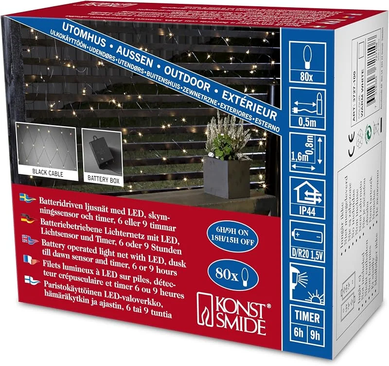 Besuche den Konstsmide-Store Konstsmide LED Lichternetz, mit Lichtsensor und 6h und 9h Timer, 80 warm weiße Dioden, batteriebetrieben, Außen (IP44), schwarzes Kabel, 2 x D 1.5V (exkl.) - 3727-100 — Weihnachtsbeleuchtung