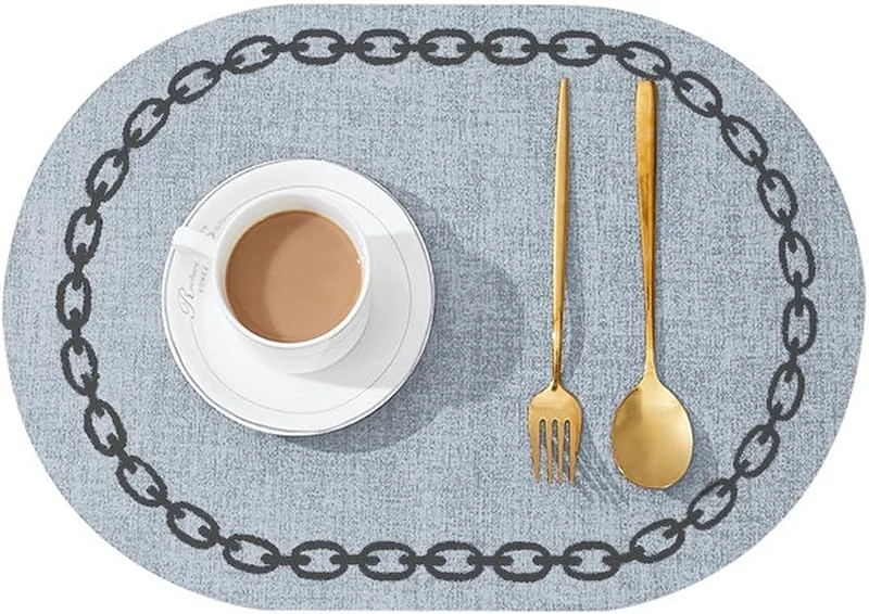Besuche den Epinki-Store Epinki Tischsets Platzsets Abwaschbar Natur Oval, 2Pcs Set 30x44CM Platzset Weihnachten Kette Muster Anti-Rutsch aus PU Leder, Tischmatte Modern Grau Blau für Hause und Hotel — Küche & Haushalt