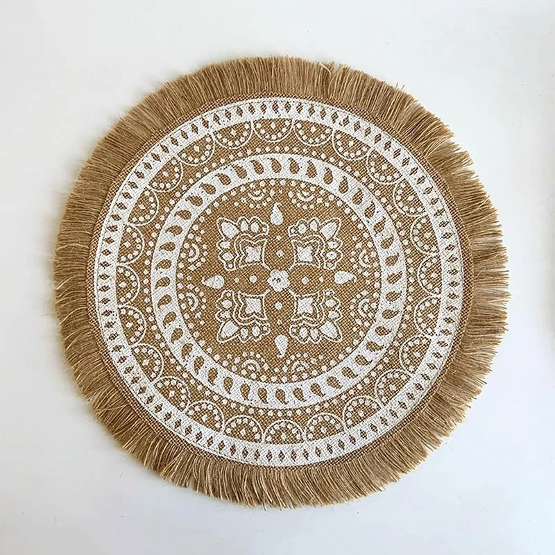 Besuche den Epinki-Store Epinki 2Pcs Set Tischset Abwaschbar Modern Rund 38CM, Leinen Platzset Boho Style Geometrisch Blumen Muster mit Quaste, Tischuntersetzer Natur Beige Gelb Weiß für Speisetisch Platz-Matten — Küche & Haushalt