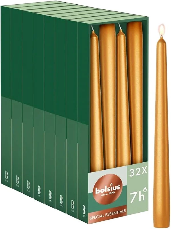 Besuche den bolsius-Store Bolsius Essentials – Glatte Spitzkerzen - Gold Metallic - 24, 5 cm - 32 Stück - Dekorative Kerzen – Ohne Palmöl — Kerzenlicht Abendessen