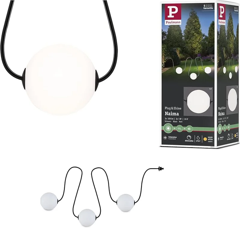 Besuche den Paulmann-Store Paulmann 94912 Plug & Shine LED Lichterkette Naima Erweiterungsset IP67 3000K 3x1W 1, 71m Schwarz — Weihnachtsbeleuchtung