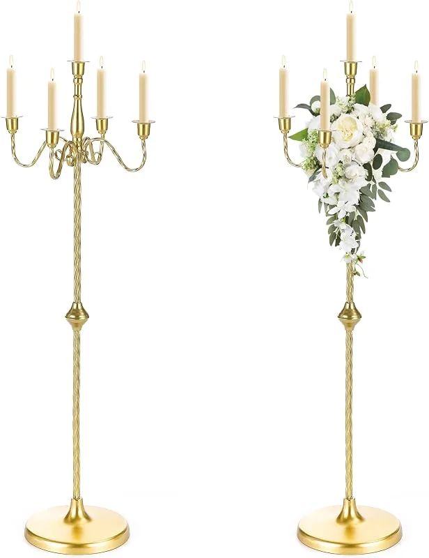 Marke: Ironlux Boden-Kerzenhalter, 107 cm, 2 Stück, 5 Arme, goldene Kerzenhalter, hohe Kandelaber, Mittelstück für Stabkerzen, Metall-Stehkerzenständer für Hochzeit, Geburtstag, Party, Heimdekoration — Kerzenlicht Abendessen