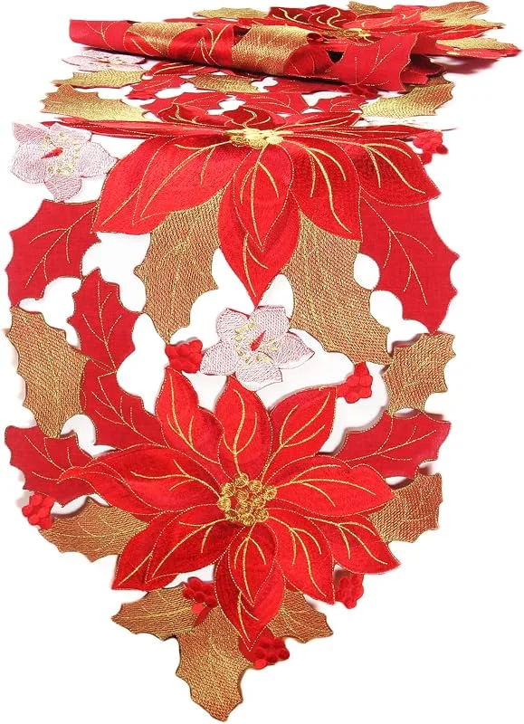 Besuche den HanaQi-Store Weihnachten - Winter - Weihnachtsstern Poinsettie Stickerei Polyester Tischläufer ca. 40 x 150 cm zugespitzt, Rot — Küche & Haushalt