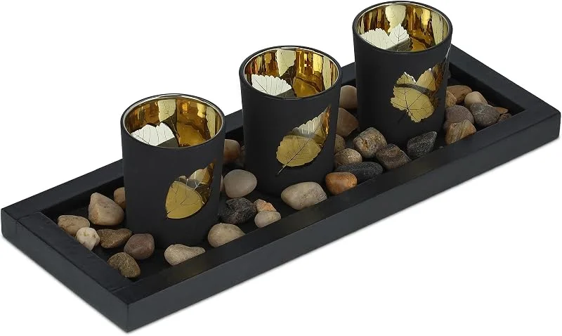 Besuche den Relaxdays-Store Relaxdays Teelichthalter Set mit Tablett & Steinen, 30 cm lang, Tischdeko Wohnzimmer, Esszimmer, Teelichtgläser, schwarz — Kerzenlicht Abendessen