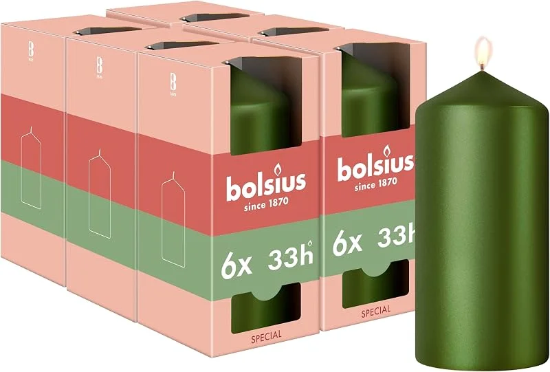Besuche den bolsius-Store Bolsius - Special Essentials - Glatte Stumpenkerzen - 4 stk, - Grün Metallic - 12cm - Dekorative Kerzen - Enthält natürliches Pflanzenwachs - Ohne Palmöl — Advent und Tisch