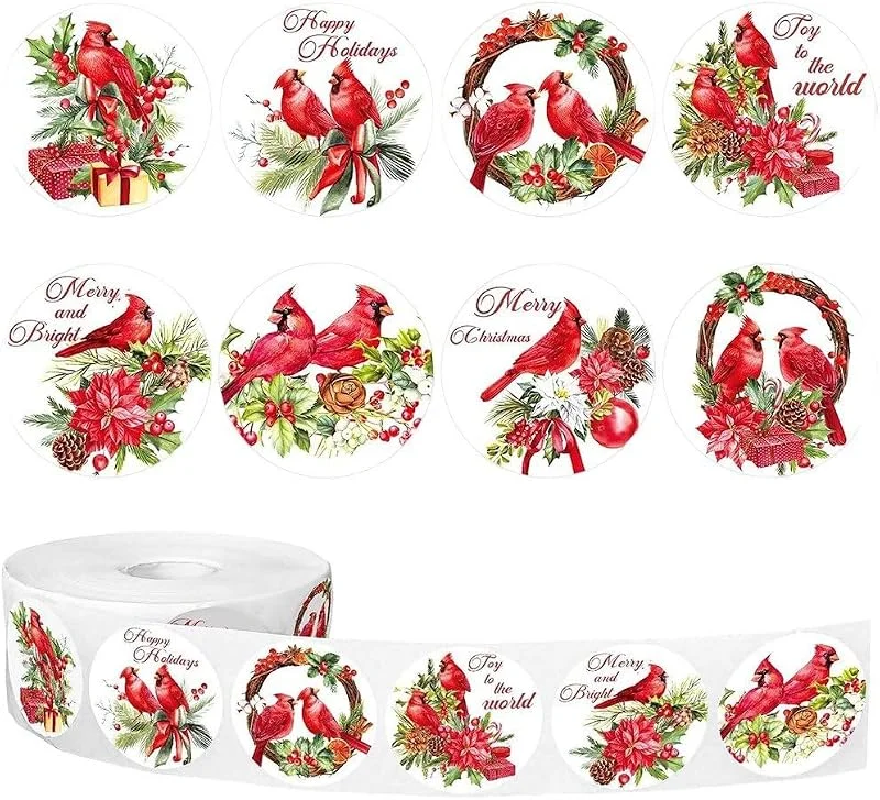 Marke: Zghhc Frohe Weihnachten-aufkleber, 500 Stück, rolle, Kardinalroter Vogel, Verschiedene Selbstklebende Dekorative Weihnachtsaufkleber, Runde Siegelaufkleber Für Geschenk, Grußkarte, Party, Feiertagsbedarf — Geschenkverpackung