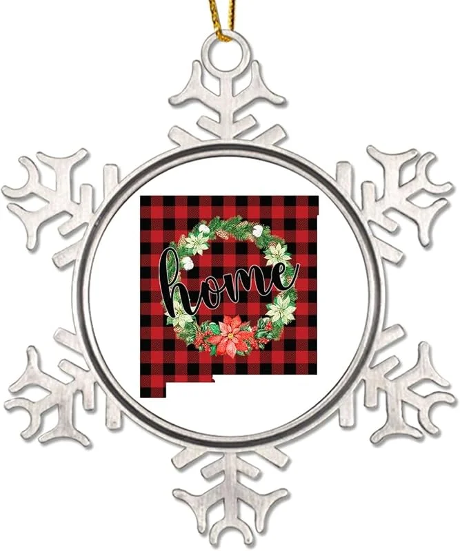 Marke: CowkissSign Weihnachtskranz New Mexiko Weihnachtsdekoration Heimstaat rot und schwarz kariert Weihnachtsdekorationen USA Weihnachtskranz New Mexiko Staat Urlaub Geschenk Metall Schneeflocke Ornament