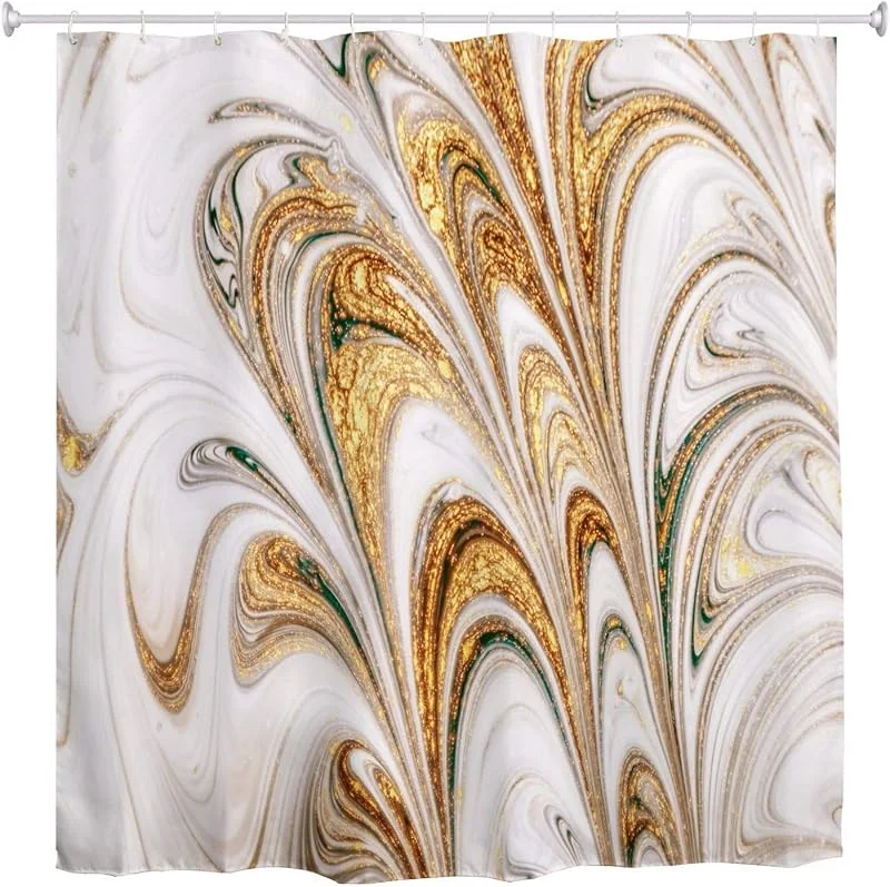 Marke: A.Monamour A.Monamour Duschvorhang Goldener Marmor Luxus Windung Wellen Floralen Textur Abstrakte Kunst Hintergrund Drucken Wasserdicht Polyester Stoff Duschvorhang Set Mit Haken Für Badezimmer 150x180 cm — Geschenkverpackung