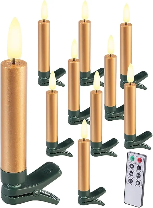 Besuche den Lunartec-Store Lunartec Kerzen: 10er-Set LED-Weihnachtsbaumkerzen mit Dochten und Flammen-Effekt, Gold (dimmbare LED Kerzen, Kabellose Weihnachtskerze, 3D) — Weihnachtsbeleuchtung