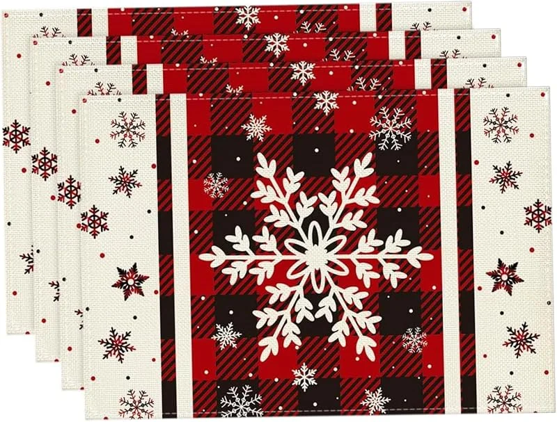 Marke: Hintyne Tischsets 4-teiliges Weihnachts-Platzset 30 x 45 cm rot-schwarz kariert Leinen-Schnee-Tischset für winterliche Weihnachts- und Feiertagsdekorationen für Küche und Haushalt — Küche & Haushalt