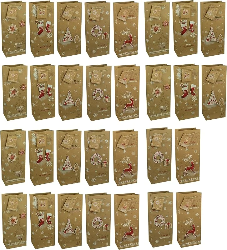 Besuche den HRB-Store HRB Geschenktüten Weihnachten, 30 Stück, gross mit 3D Applikationen, stabile Weihnachtstüten der Marke HRB, Abmaße der weihnachtlichen Geschenkverpackung (Flaschentüte, 36x13x9 cm)