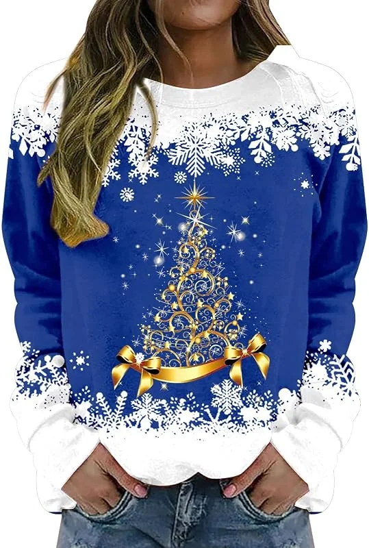 Marke: Qixiu Damen Weihnachtspullover Unterhemd Fleece Damen-Kapuzenpullover Mit Rundhalsausschnitt, Langen Ärmeln, Weihnachtsbaum-Schneeflocken-Aufdruck Fellweste Herren Christmas Shirt — Weihnachtsmode