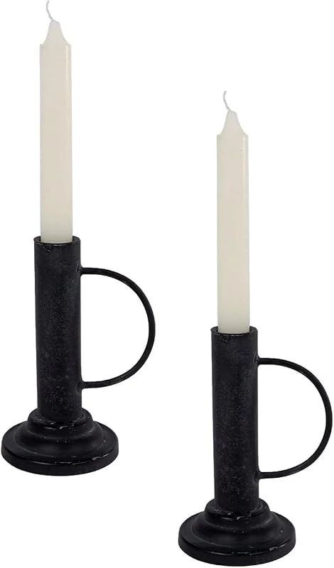 Besuche den Spetebo-Store Spetebo Metall Kerzenständer schwarz 15 cm - 2er Set - Kerzen Halter im Retro Design - Stab Tafel Kerzen Ständer Halter Tisch Deko mit Griff — Kerzenlicht Abendessen