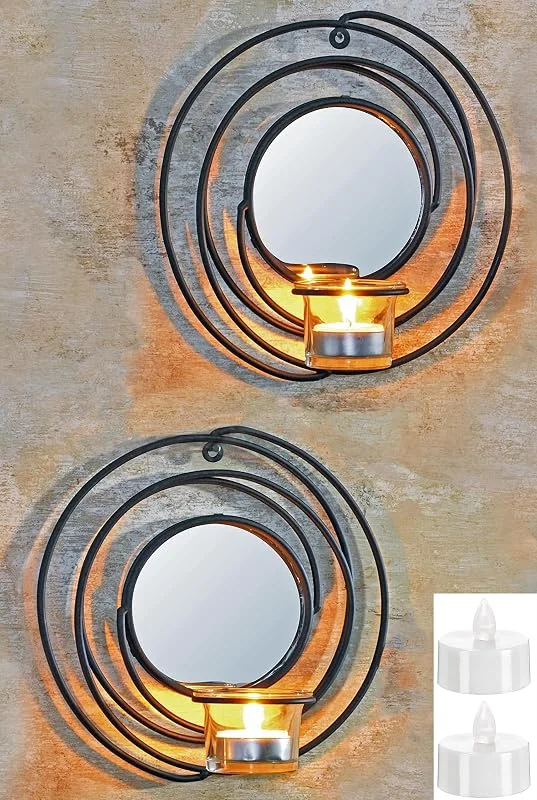 Besuche den Novaliv-Store Novaliv 2X Wandkerzenhalter + 2X LED Teelichter 20, 2 x 8, 3 x 21, 5 cm Schwarz LED Kerze Teelichterhalter aus Metall mit Glas Kerzenhalter Dekoration Wanddeko Vintage Deko Teelicht LED Licht Wandhalter — Advent und Tisch