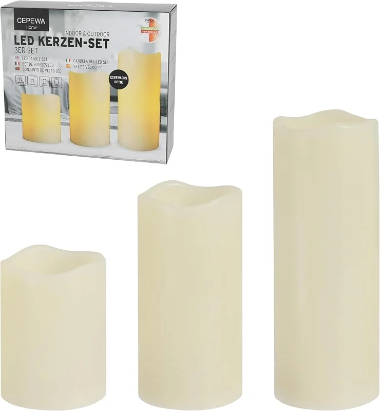Besuche den Cepewa-Store 3er Set LED Kerzen Echtwachs-Optik Outdoor, 3 Größen Kunststoff elfenbein, Flackerfunktion warmweiß inkl. 5h Timer batteriebetrieben — Kerzenlicht Abendessen