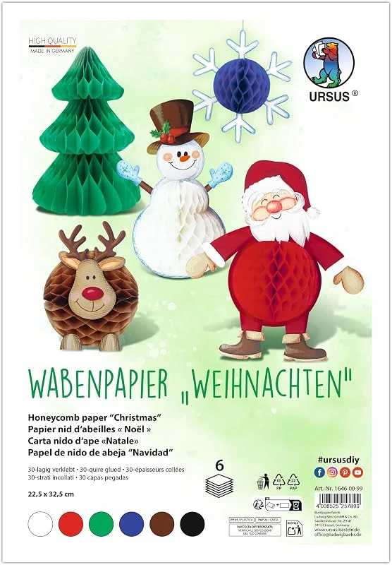 Besuche den Ursus-Store Ursus 1646 00 99 - Wabenpapier "Weihnachten", 6 Stück, ca. 22, 5 x 32, 5 cm, 30-lagig verklebt, Bastelpapier mit Wabenstruktur, Bastelset für Deko & Figuren — Geschenkverpackung