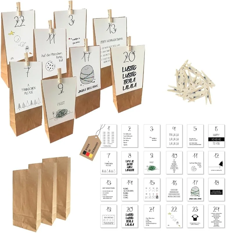 Besuche den PuK Krämmer GmbH-Store Adventskalender zum Befüllen, 24 Geschenktüten zum selber basteln lustige Motive, Weihnachtskarten mit Zahlen, Adventskalenderset Kraftpapiertüten, DIY-Adventskalender Erwachsene — Advent und Tisch