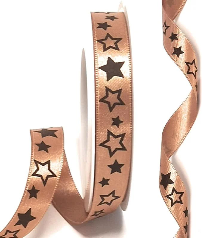 Marke: s.dekoda Schleifenband 20m x 15mm sandbraun - braun Sterne Satinband Dekoband Weihnachtsband [D1305] — Geschenkverpackung