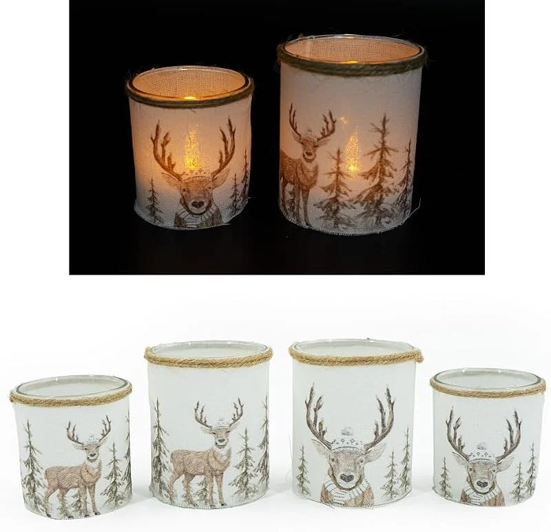 Marke: RiloStore 4er Set Windlichter Winterdeko Alpen Thema Hirsch Motiv Größe 10cm Weihnachtsdeko Glas noh602 Landhaus Hirsche Rehe Winterszene Deko — Kerzenlicht Abendessen