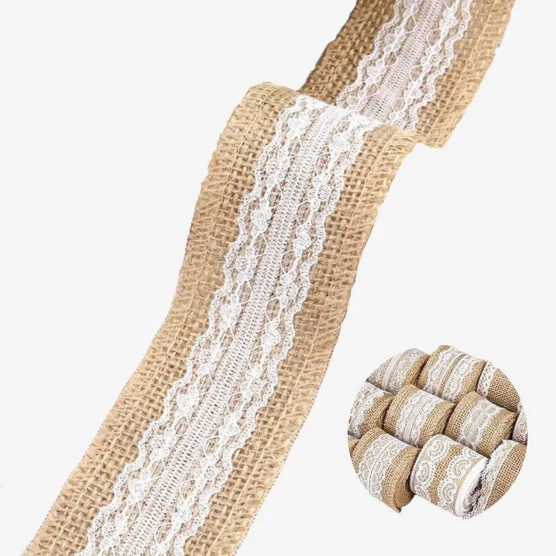 Marke: HSTWODE 10M Juteband mit Spitze, 5 cm breit Natürliche jute Bänder und Spitze, Weißer Spitze Natürlich Dekoration Für Geburtstag Hochzeit Party, Weihnachten Dekoration (Stil 5#) — Geschenkverpackung