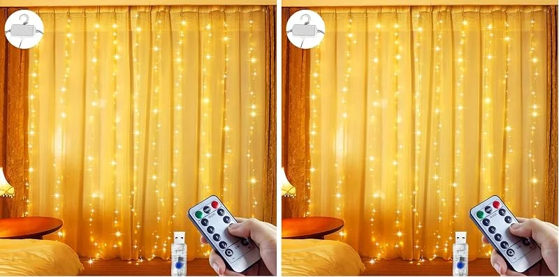Marke: ZYRIVON LED Lichtervorhang 3x3m, 200 LEDs Lichtervorhang innen USB warmweiß, Lichterkette innen fenster mit 10 Haken, für innen und außen Deko Schlafzimmer Party Wand Balkon (Packung mit 2) — Weihnachtsbeleuchtung