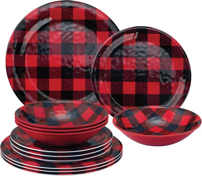 Marke: UP UP ware 12-teiliges Buffalo Plaid Melamin-Geschirrsets, Outdoor-Geschirr-Set, Teller und Schüsseln, Weihnachtsdekoration, Service für 4 Personen, Rot — Advent und Tisch