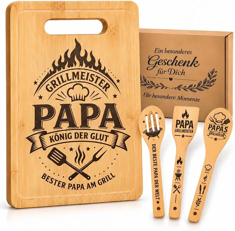 Marke: Iyxeo Papa Geschenk, Bambus Schneidebrett Set, 30, 5 x 22 cm, 3 Kochutensilien — Geschenkverpackung