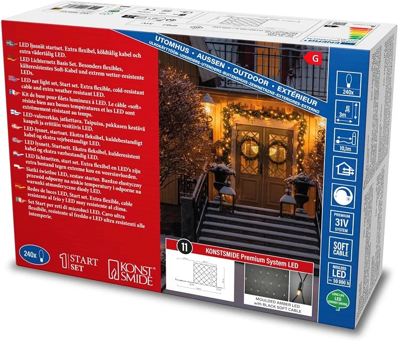Besuche den Konstsmide-Store Konstsmide LED Premium System Basis-Set, Lichternetz und Transformator, 240 bernsteinfarbene Dioden, 31V, Außen (IP67), 20W, schwarzes Soft-Kabel - 4942-817 — Weihnachtsbeleuchtung