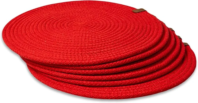 Besuche den ARYEKA-Store Runde Tischsets, 6er-Set, 32cm, handgefertigt aus geflochtener Baumwollkordel, beidseitig nutzbar, hitzebeständig, Rot — Küche & Haushalt