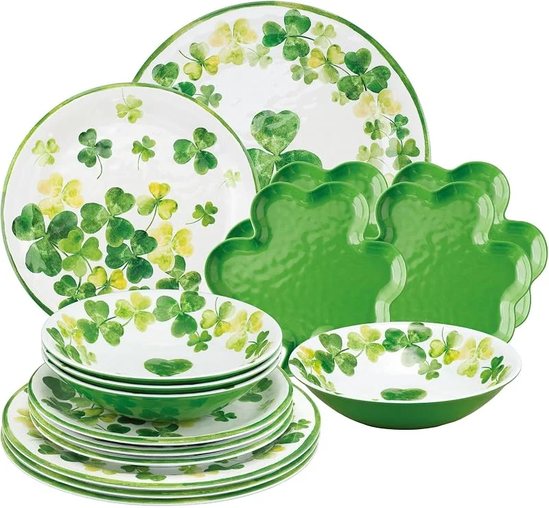 Marke: UP UP ware 16-teiliges Melamin-Geschirrset, Teller und Schüsseln, St. Patrick's Day Dekorationen, Service für 4 Personen, Grün — Advent und Tisch