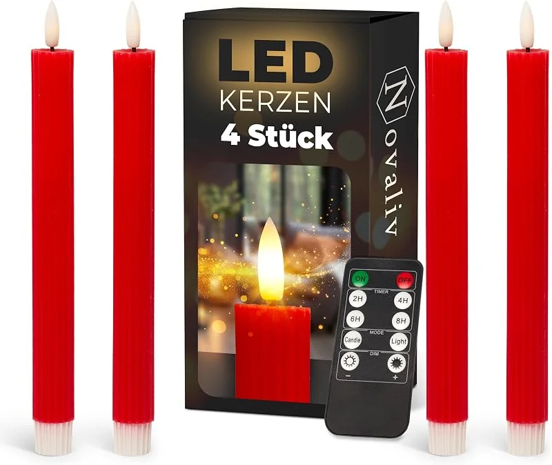Besuche den Novaliv-Store Stabkerzen LED mit Timer ROT 4 Stück ROT indoor - 6 Stunden - ECHTWACHS gerippt 23cm Höhe für Kerzen 2, 2cm Durchmesser 2 AAA Batterien notwendig LED Stabkerzen flackernde Flamme bewegliche Flamme — Kerzenlicht Abendessen