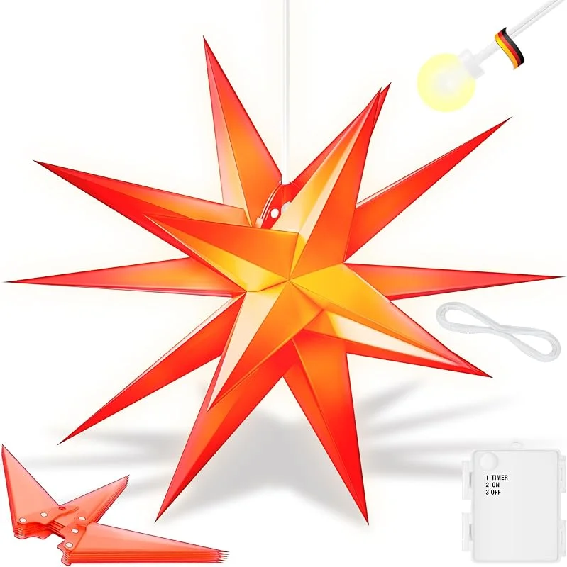 Besuche den KESSER-Store KESSER® 35cm Leuchtstern 3D, LED Weihnachtsstern mit Timer für innen und außen, Adventsstern Beleuchtet hängend Rot Stern + Warmweiß Licht — Weihnachtsdeko