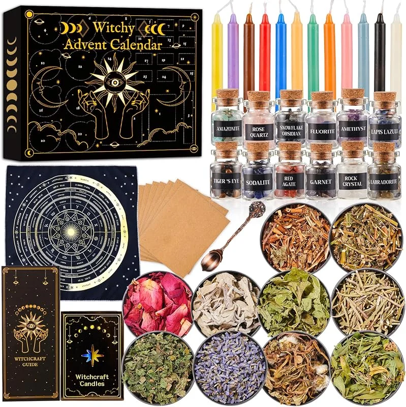 Marke: Larchio Witchy Adventskalender 2025 Erwachsene Teens, 25 Tage Countdown zum Kalender Hexerei Supplies Kristall Kerze Amethyst Altar Hexe Geschenk Wicca Starter Kit — Advent und Tisch