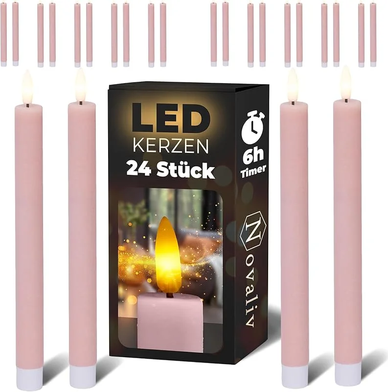 Besuche den Novaliv-Store Novaliv Stabkerzen LED mit Timer PINK 24 Stück Indoor 6 Stunden - ECHTWACHS 24, 5cm Höhe für Kerzen 2, 2cm Durchmesser 2 AAA Batterien notwendig LED Stabkerzen flackernde Flamme bewegliche Flamme Licht — Advent und Tisch