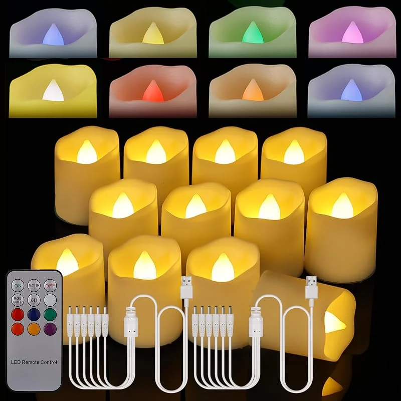 Besuche den Porashine-Store Wiederaufladbare Teelichter 12 Stück LED Kerzen warmweiß, RGB, 7 Farben mit Fernbedienung Timer USB Kabel 3D flammenlose für Zuhause Zimmer Tisch Halloween Weihnachten — Kerzenlicht Abendessen