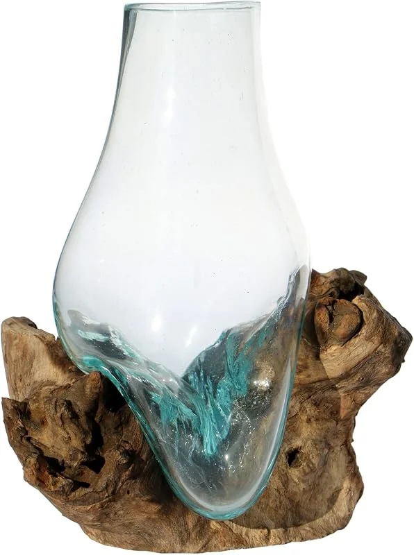 Marke: Wogeka Glasvase auf Wurzelholz, B-Ware, 25 cm Unikat, Handarbeit aus Glas & Holz als Geschenk-Idee zur Dekoration Hoch M — Kerzenlicht Abendessen