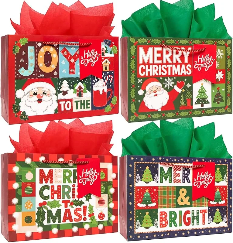 Marke: Dimetey Weihnachts-Geschenktüten, 22, 9 cm, mit Geschenkanhänger aus Seidenpapier, 4 Stück — Geschenkverpackung