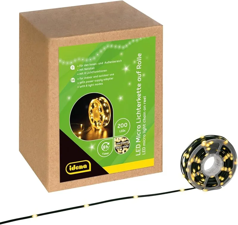 Besuche den Idena-Store Idena 30542 - LED Micro Lichterkette mit 200 LEDs in Gold-Gelb, für Außen & Innen, ca. 22, 9 m lang auf Rolle, 8 Stunden Timer Funktion, zum Basteln, als Party Deko, Weihnachtsdeko — Weihnachtsbeleuchtung