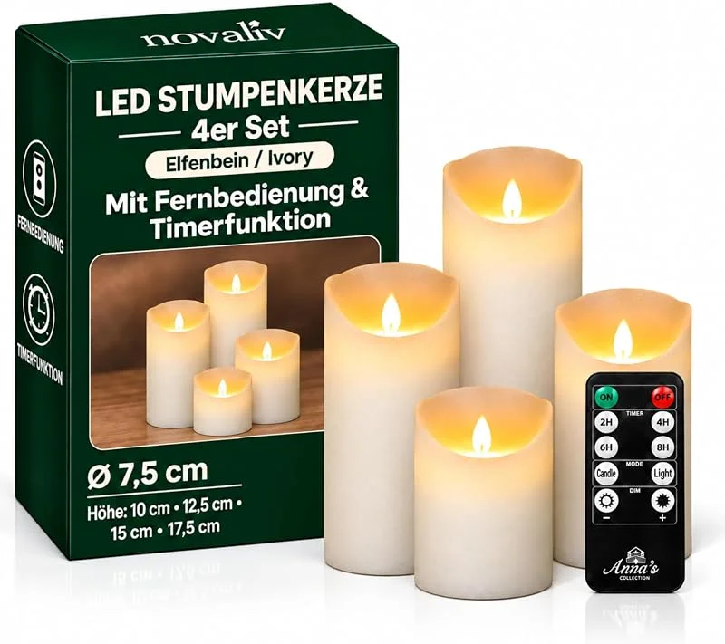 Besuche den Novaliv-Store 4er Set LED Kerzen Echtwachs flackernde Flamme Elfenbein Ivory ø 7, 5cm (10cm, 12, 5cm, 15cm, 17, 5cm Höhe) LED Kerzen mit Fernbedienung, je Kerze 3x AAA Batterien nötig, LED Stumpenkerzen warmweiß — Advent und Tisch